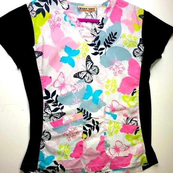 greentown Medical Scrub Top, Black with Butterfly Pattern, Pink Blue, Size (S) - Picture 1 of 6